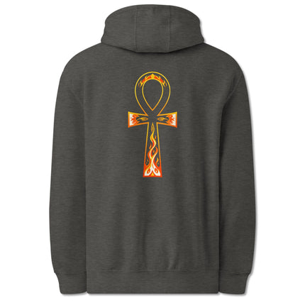 Black Ankh life symbol hoodie with stylized flame graphic print on the back.
