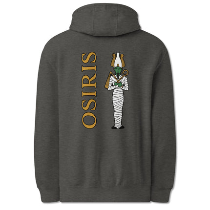 Osiris Egyptian god graphic print on a pullover hoodie featuring ancient mythology art.