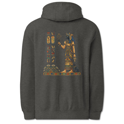 Bastet Egyptian cat goddess back print hoodie featuring hieroglyphs, Ankh symbols, and ancient Egyptian art.