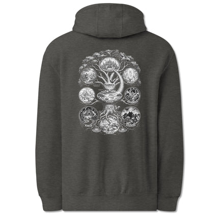 Norse Yggdrasil World Tree graphic print on a black pullover hoodie featuring nine worlds mythology design.