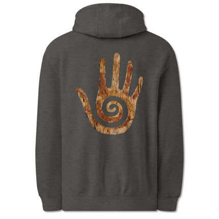 Hopi Healing Hand and spiral symbol back print on a comfortable pullover hoodie.