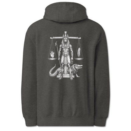 Anubis weighing heart and feather scale print on an Egyptian-themed pullover hoodie design.