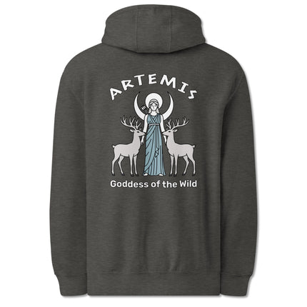 Artemis goddess back print hoodie featuring deer, crescent moon, and Greek mythology art.