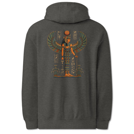 Isis Egyptian Goddess art printed on a pullover hoodie with ancient mythology design.