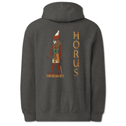 Ancient Egypt mythology print of Horus god on black pullover hoodie back.