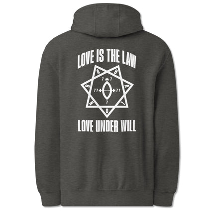 Thelema "Love Is The Law" back print hoodie featuring spiritual mantra graphic design.