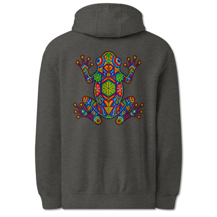 Colorful Huichol frog print hoodie featuring vibrant indigenous geometric designs on the back.