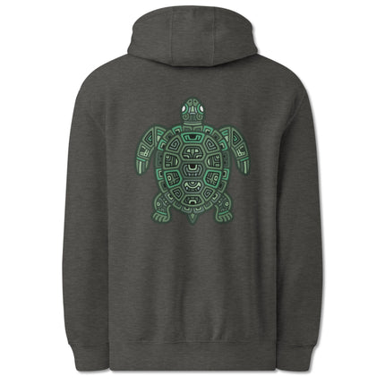 Geometric tribal sea turtle art back print on a pullover hoodie.