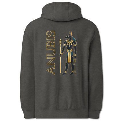Anubis Egyptian God back print hoodie featuring ancient mythology artwork.