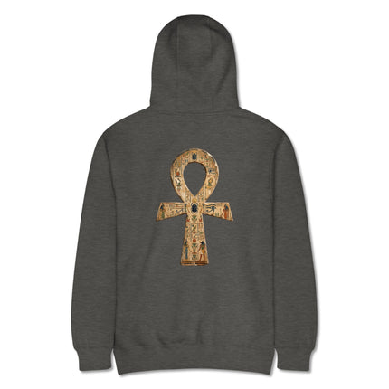 Pullover hoodie featuring an Ankh hieroglyph and ancient Egyptian symbol back print.