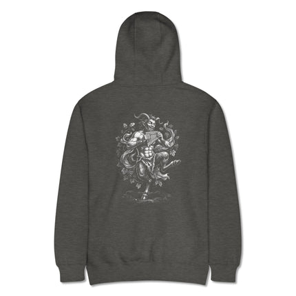 Greek satyr playing a dancing pan flute graphic printed on the back of a pullover hoodie.