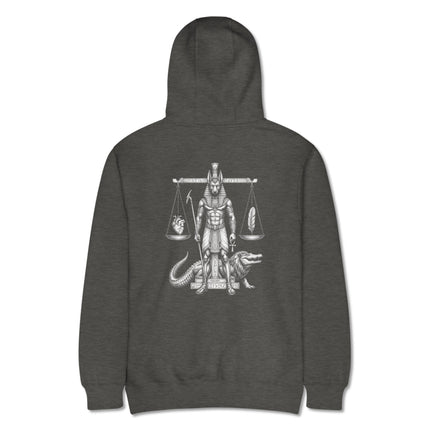 Anubis heart weighing scale back print on an Egyptian mythology pullover hoodie.