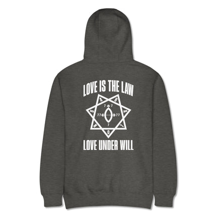 Love Is The Law graphic back print hoodie featuring Thelema motto on a unisex pullover.