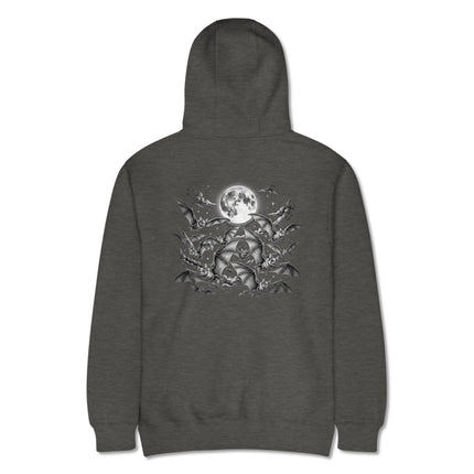 Gothic hoodie featuring a detailed night sky print with flying bats and crescent moons on the back graphic.