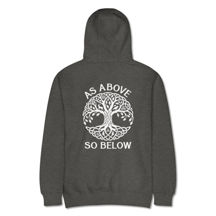 As Above So Below Tree of Life graphic with Celtic knots on a pullover hoodie back print.