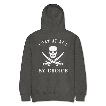 Jolly Roger skull and crossbones design printed prominently on the back of a pullover hoodie.