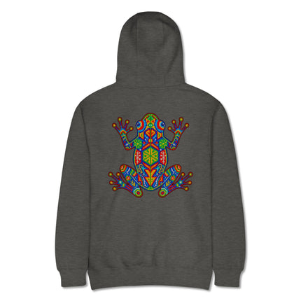 Colorful Huichol frog design on a pullover hoodie featuring geometric indigenous patterns.