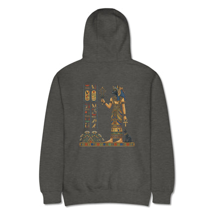 Bastet Egyptian cat goddess hoodie print featuring ankh symbol and detailed hieroglyphic back design.