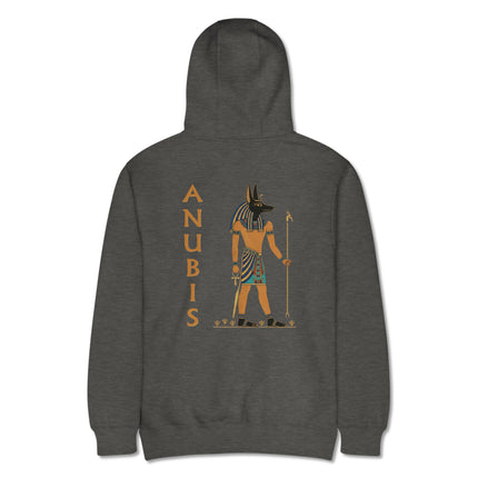 Black pullover hoodie featuring Anubis, the Egyptian god of mythology, printed on the back.