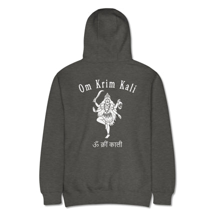 Goddess Kali and Om mantra back print on a black Hindu mythology hoodie.