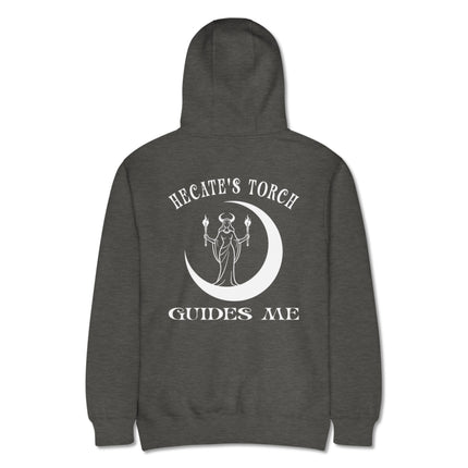 Hecate's Torch guides me back hoodie design featuring moon phases and witchy goddess art.