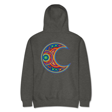 Colorful Huichol Moon Mandala back print spiritual pullover hoodie design.