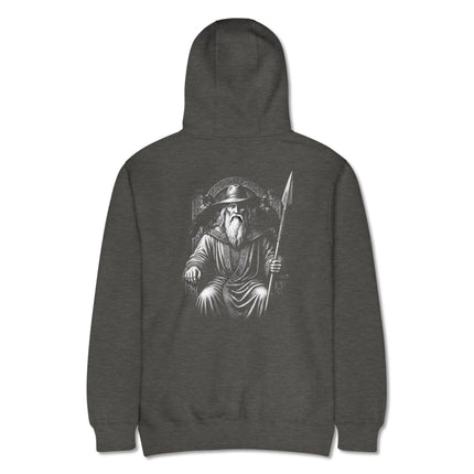 Norse Odin God graphic featuring ravens and a spear for Viking mythology back print hoodie art.