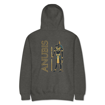 Anubis Egyptian god back print hoodie featuring ancient mythology artwork.