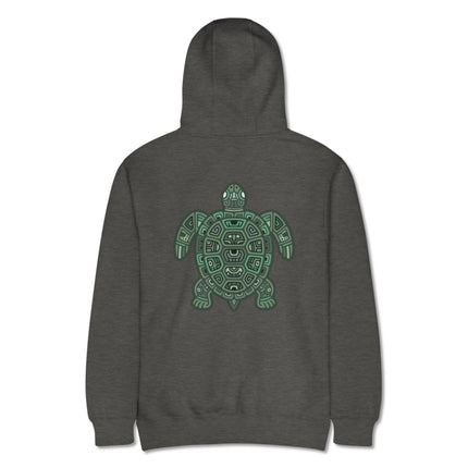 Geometric tribal sea turtle back print pullover hoodie featuring detailed art.