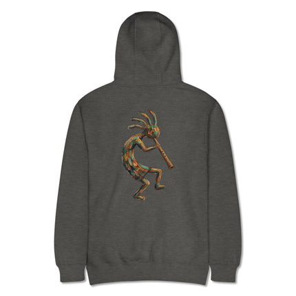 Vibrant Southwest Kokopelli flute player graphic printed on a colorful pullover hoodie.