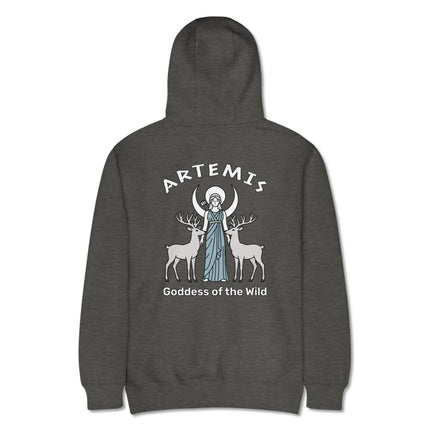 Artemis goddess hoodie featuring wild deer, crescent moon, and Greek myth design print.