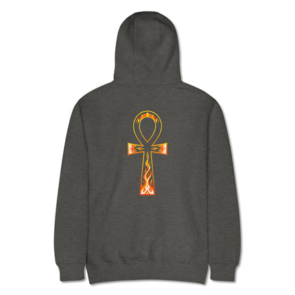 Black Ankh life symbol and flame graphic printed on the back of a pullover fleece hoodie.