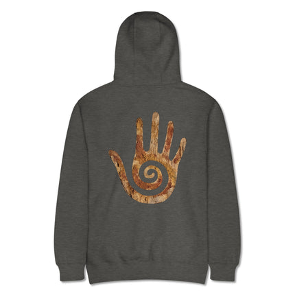 Hopi healing hand and spiral symbol back print on a pullover hoodie.