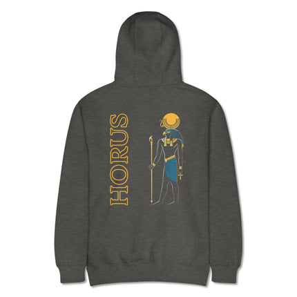 Horus Egyptian god back print hoodie featuring detailed falcon sun mythology graphic design.