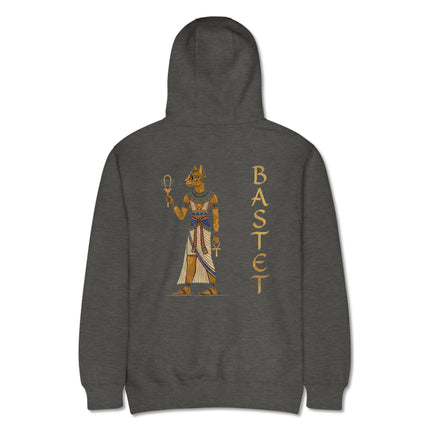 Bastet Egyptian Goddess back print hoodie featuring ancient cat goddess art and hieroglyphics.