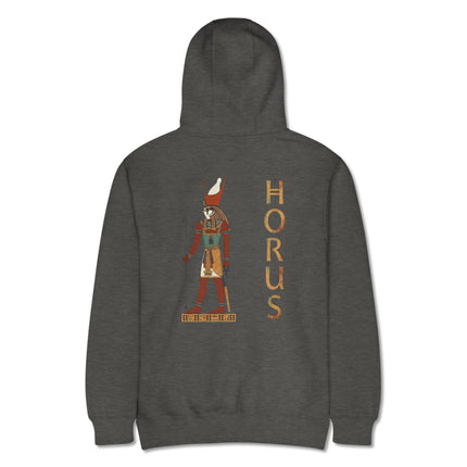Horus Egyptian god back print hoodie featuring ancient mythology design.