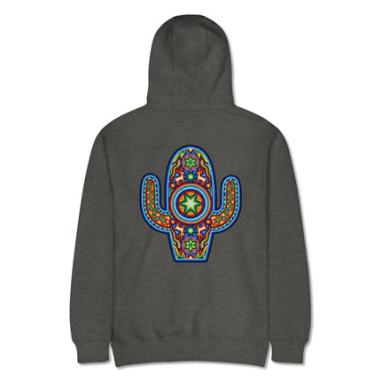 Colorful Huichol art back print on a pullover hoodie featuring vibrant Mexican indigenous cactus design.