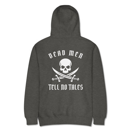 Dead Men Tell No Tales graphic hoodie featuring pirate skulls and crossed swords back print.