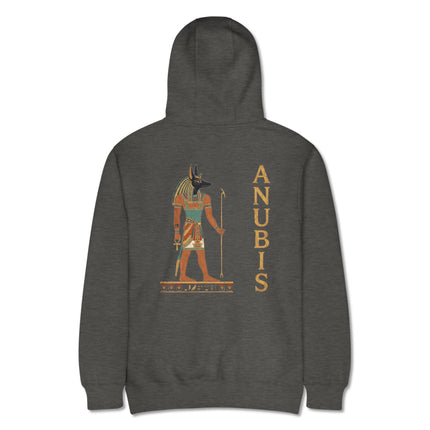 Anubis jackal god back print hoodie featuring Egyptian mythology artwork.