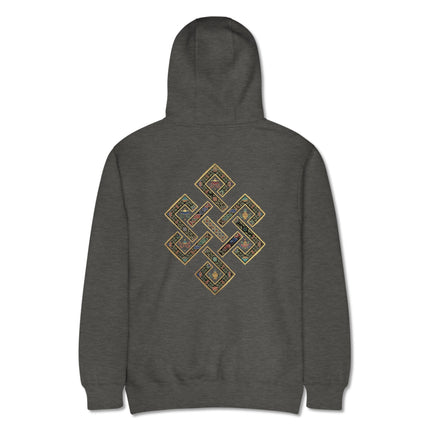 Golden Endless Knot Tibetan symbol printed on back of pullover hoodie.