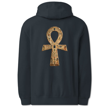 Ankh hieroglyph back print hoodie featuring ancient Egyptian symbol design.