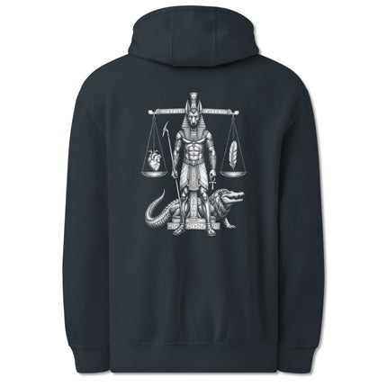 Anubis heart weighing scale design printed on an Egyptian themed pullover hoodie back.