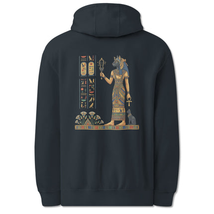 Bastet Egyptian goddess back print hoodie featuring hieroglyphs and the sacred Ankh symbol.