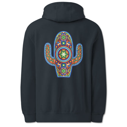 Colorful Huichol cactus print hoodie featuring vibrant Mexican indigenous art design on the back.