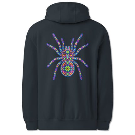 Colorful Huichol tarantula spider graphic on a Mexican folk art pullover hoodie design.