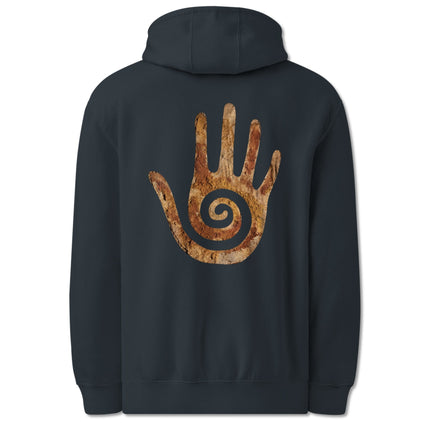 Hopi Healing Hand spiral print on a pullover hoodie featuring native american symbolism.