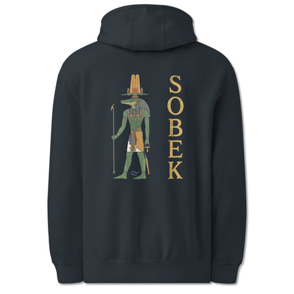 Sobek Egyptian crocodile god print on mythology pullover hoodie featuring ancient Egypt art.