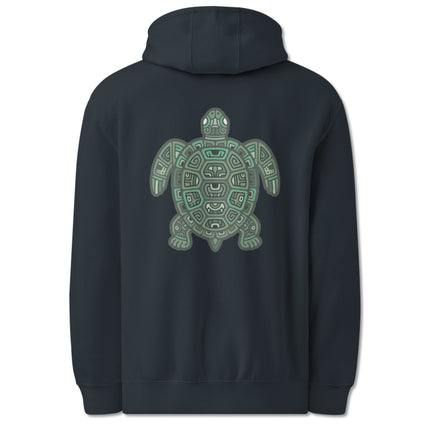 Geometric tribal sea turtle art printed on a pullover hoodie back design.