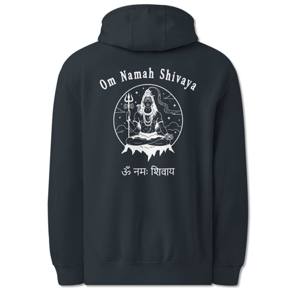 Lord Shiva Om Namah mantra back print pullover fleece hoodie for Hindu devotees.