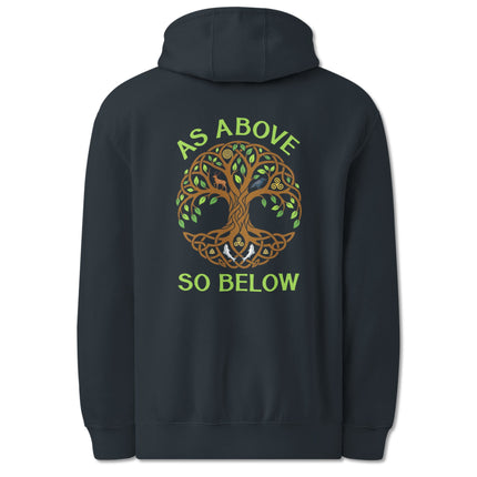 Yggdrasil Tree of Life pagan hoodie featuring Celtic knotwork and "As Above So Below" cosmic symbolism print.
